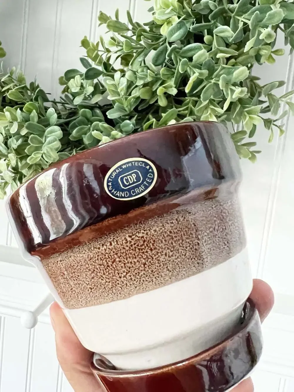 Vintage CDP Brown and White Striped Ceramic Planter Pot with Drip Tray